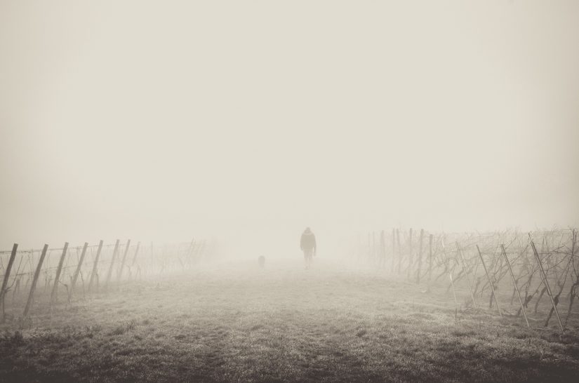 man walking in fog