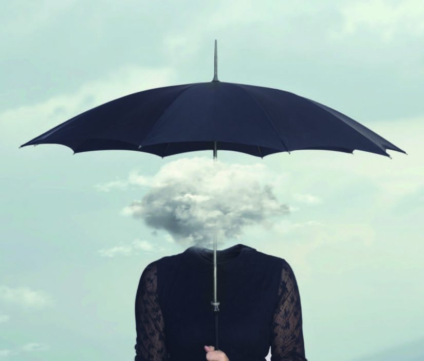 person under umbrella with head looking like a cloud