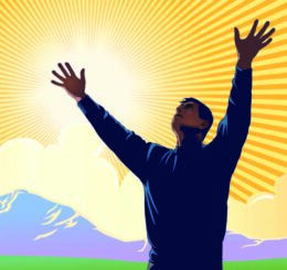 man raising arms to sun